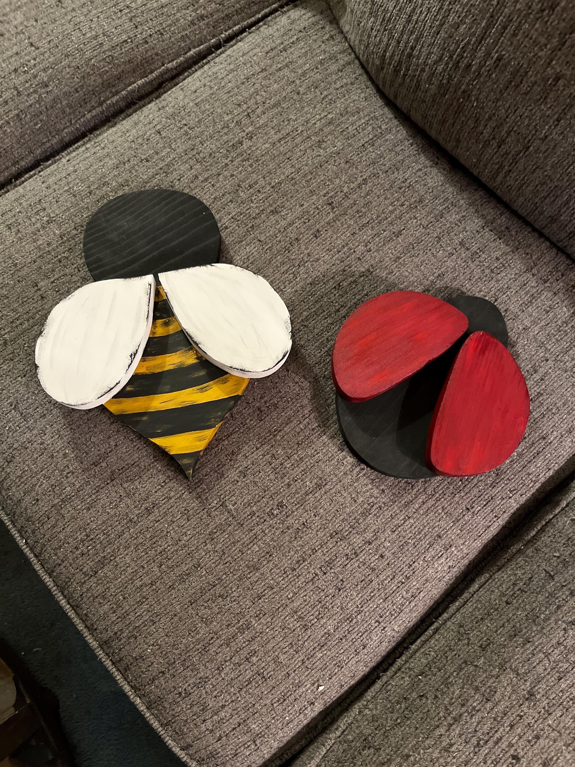 Hand-Painted Wooden Bee and Ladybug Garden Stakes Set
