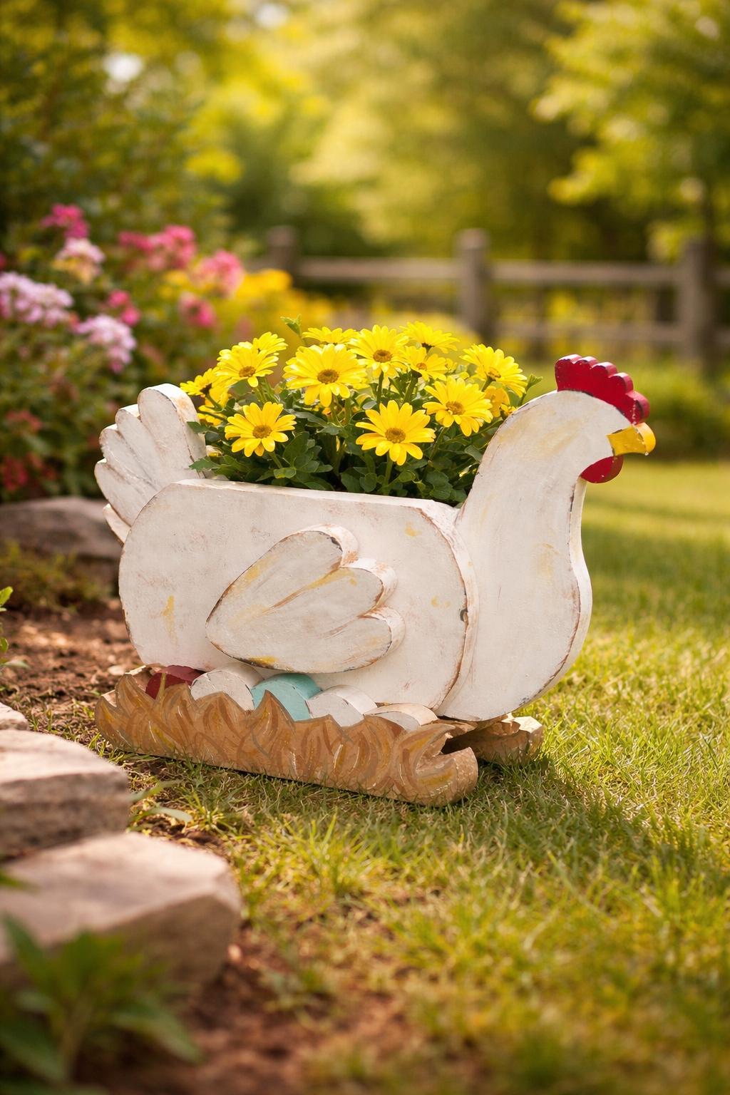 Hand-Crafted Chicken Planter, Chicken Decor, Porch Decor