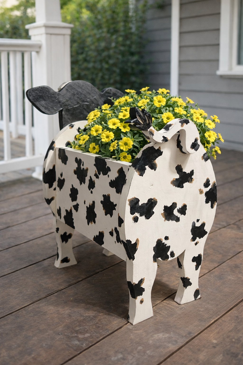 Hand-Crafted Wooden Cow Planter