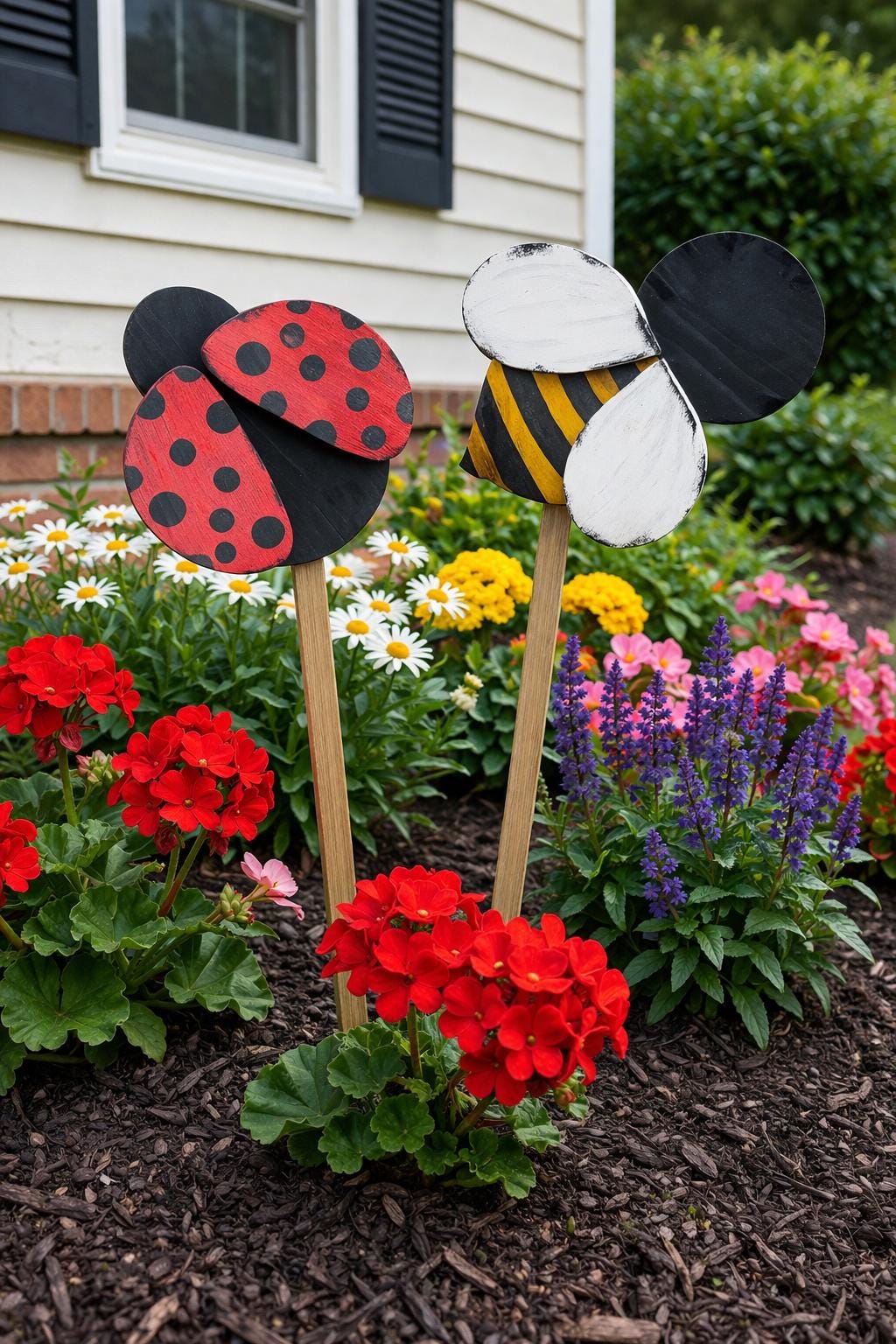 Hand-Painted Wooden Bee and Ladybug Garden Stakes Set