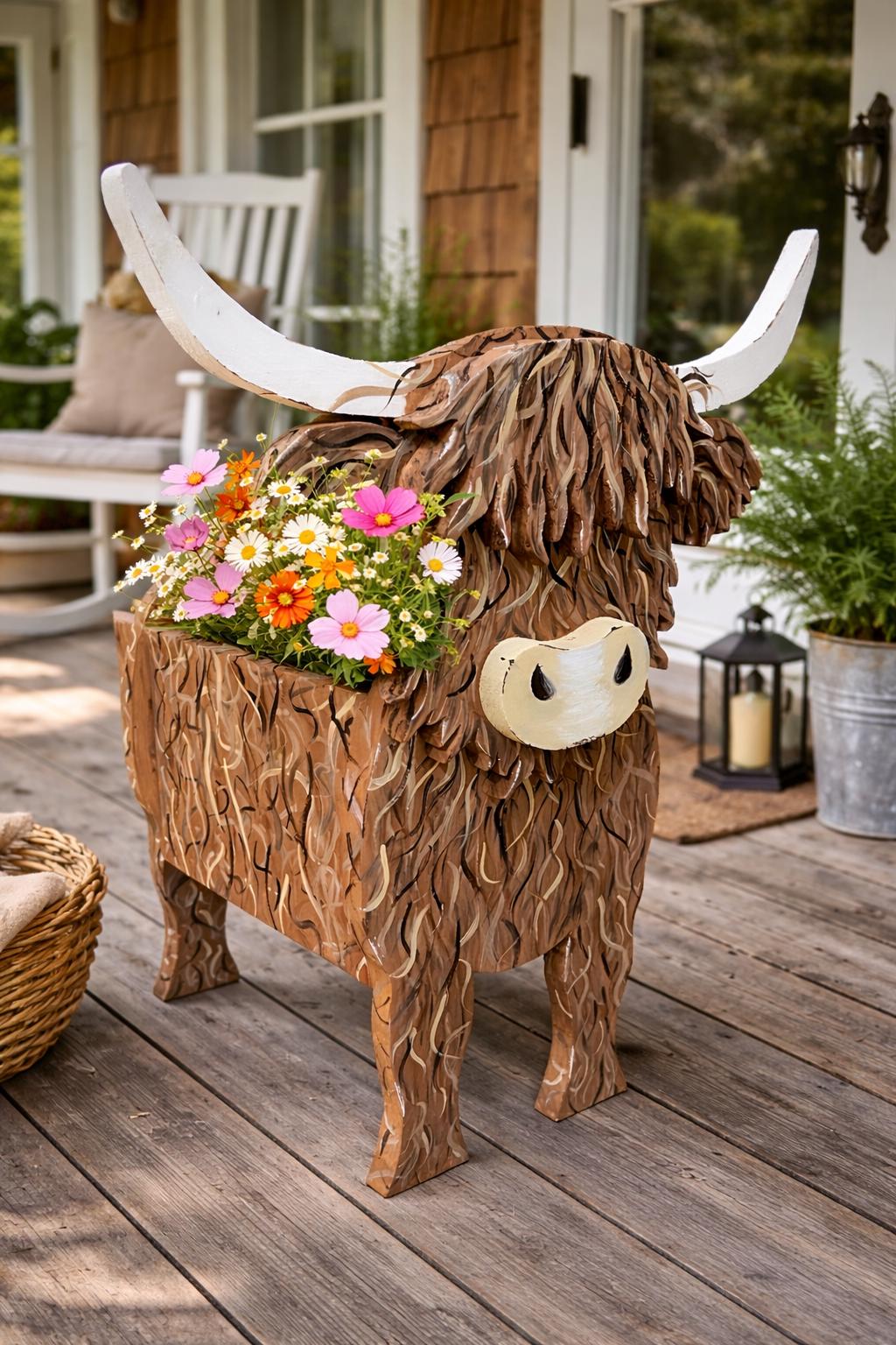 Hand-Crafted Highland Cow Planter Box, Pine Wood Decor, Michigan Made