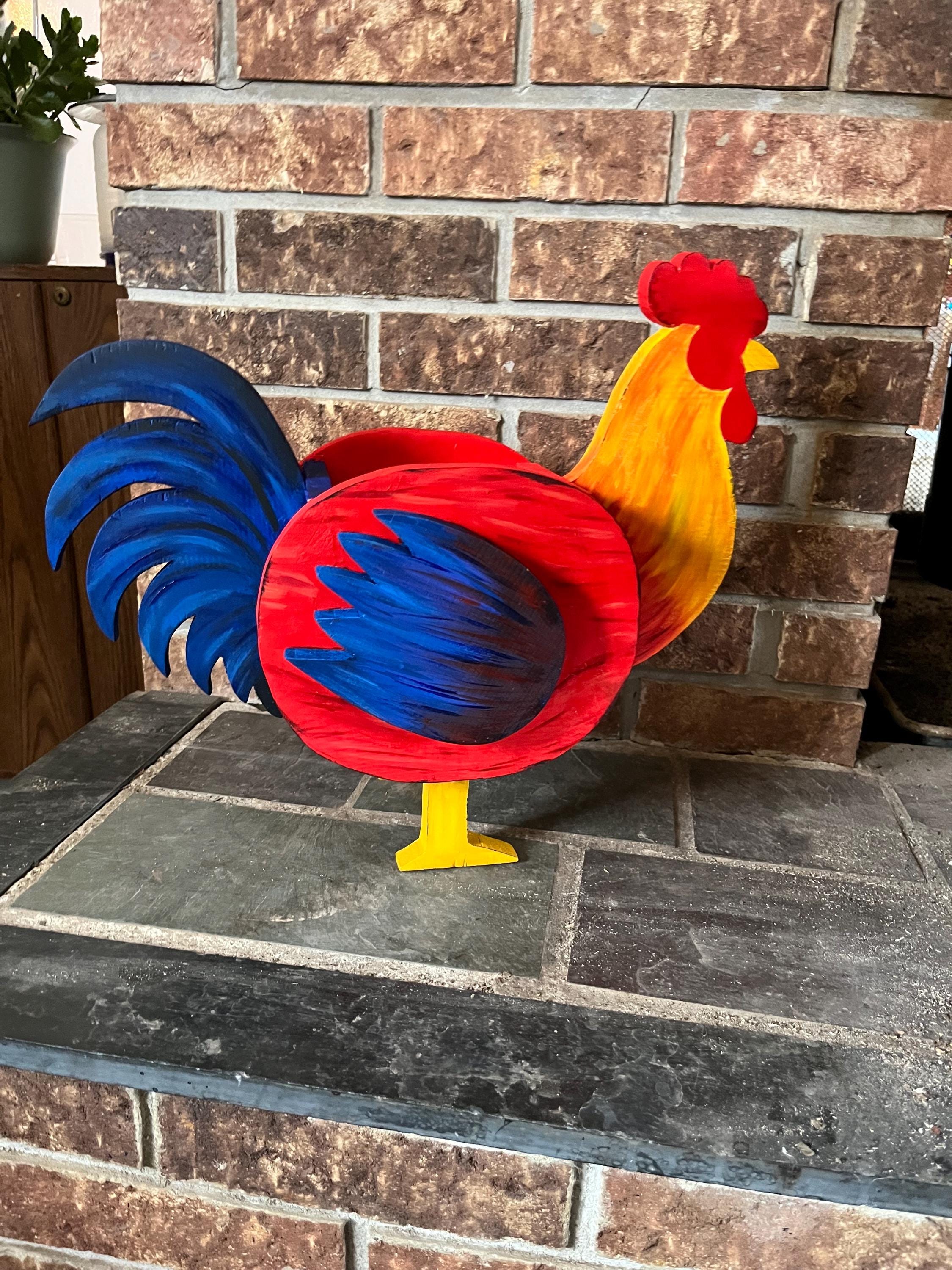 Hand-Crafted Pine Wood Rooster Planter, Hand-Painted Garden Decor