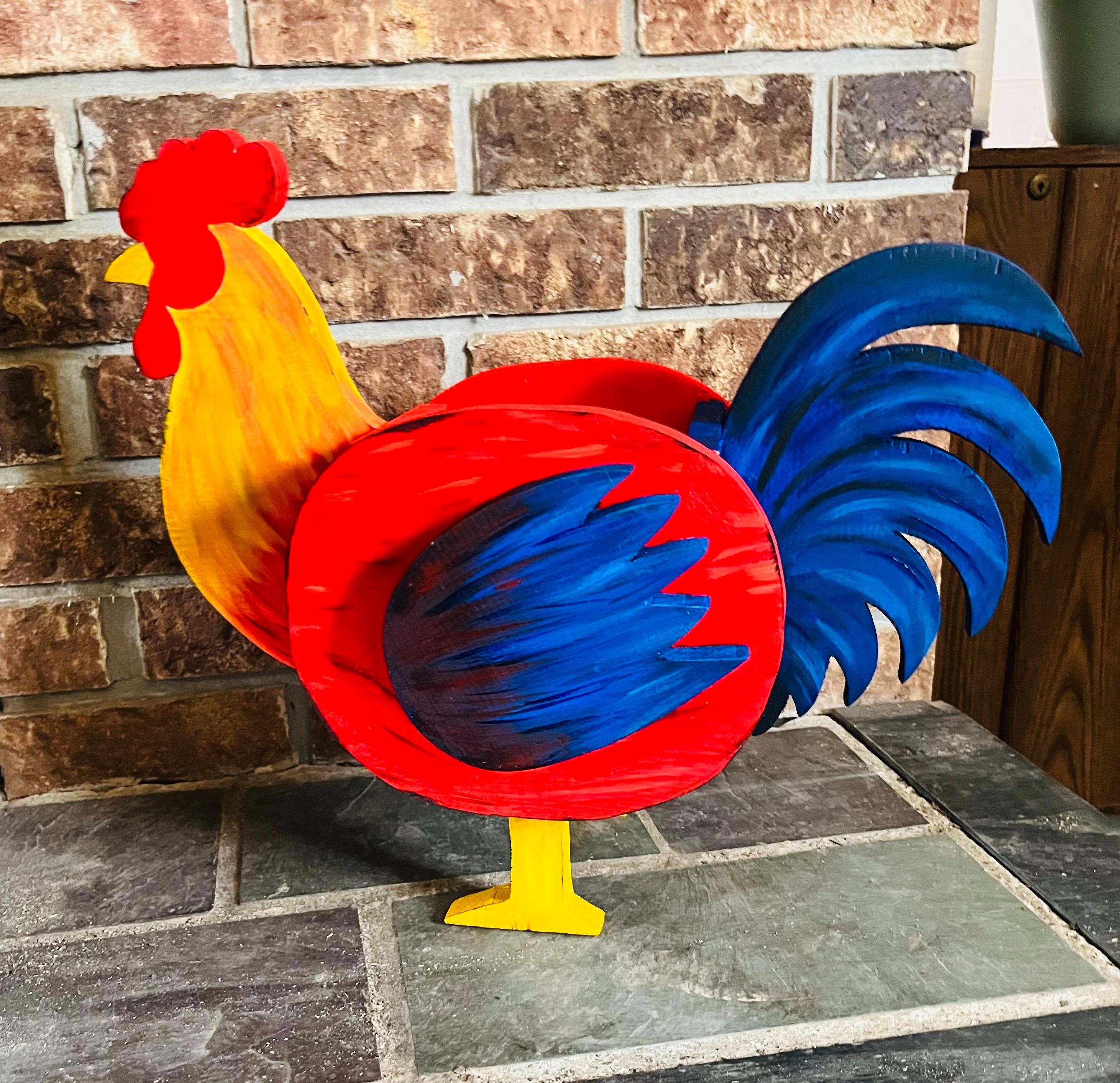 Hand-Crafted Pine Wood Rooster Planter, Hand-Painted Garden Decor